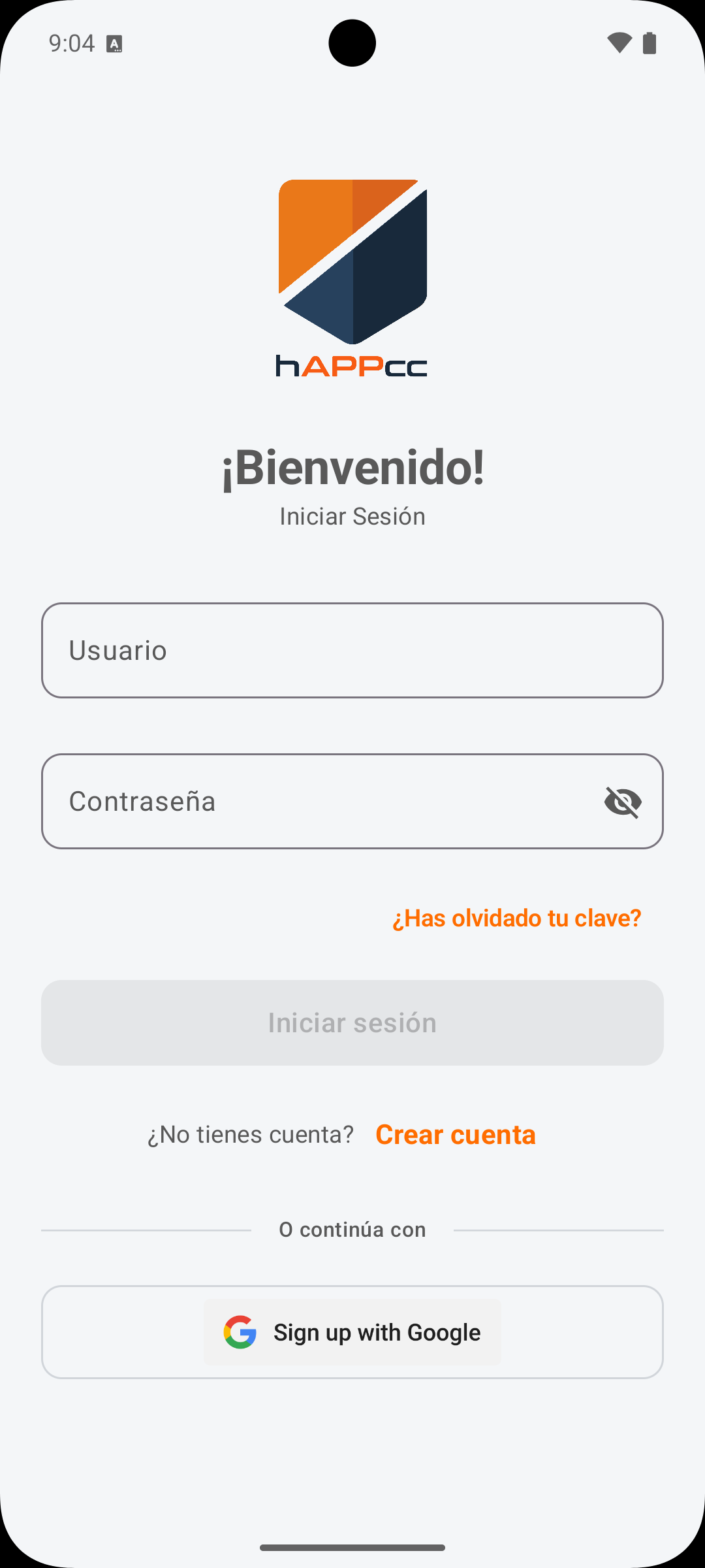 Pantalla de inicio de sesión de hAppcc