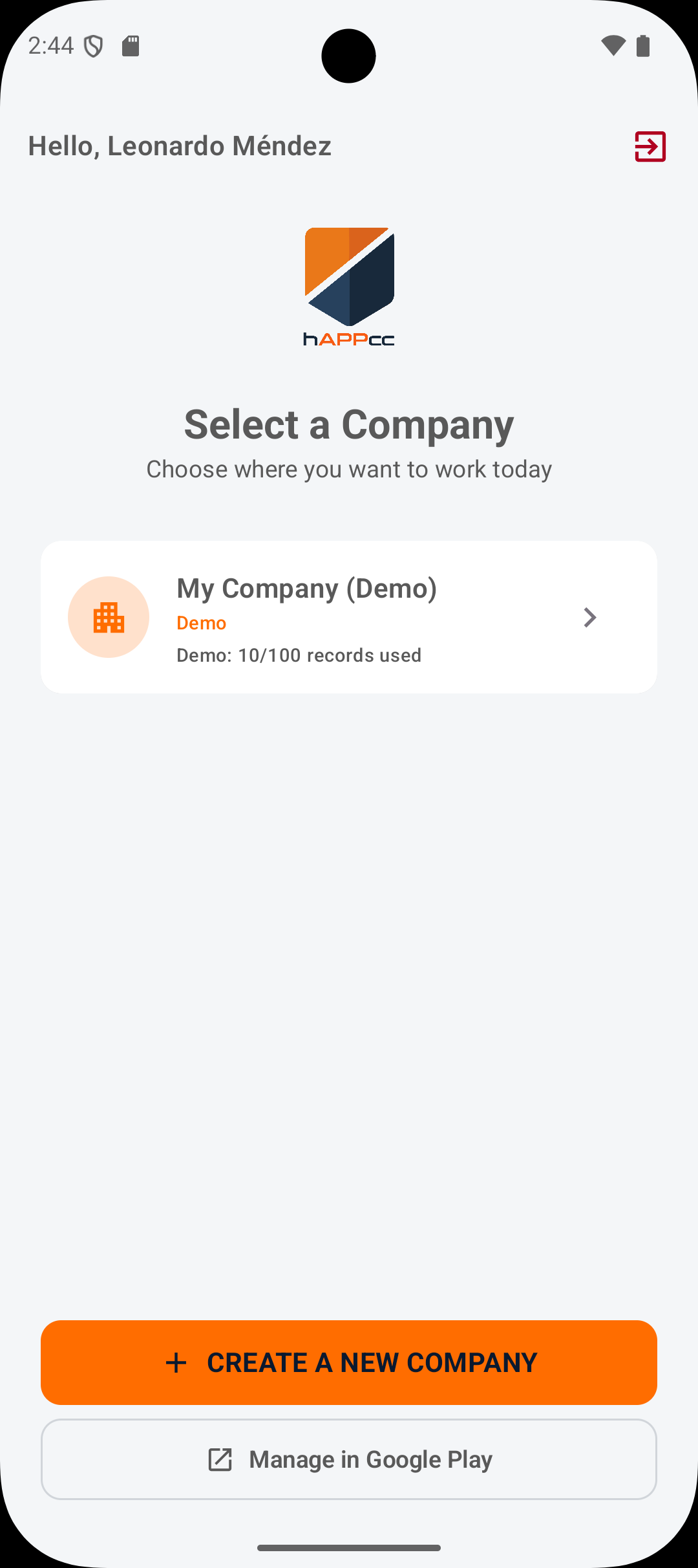 Pantalla de selección de empresa en hAppcc
