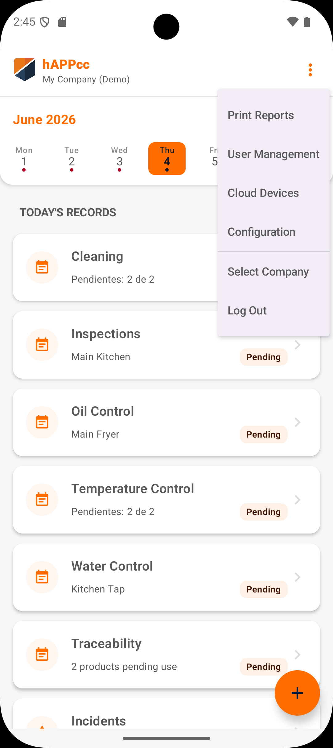 Menú de gestión de hAppcc con informes, usuarios y configuración