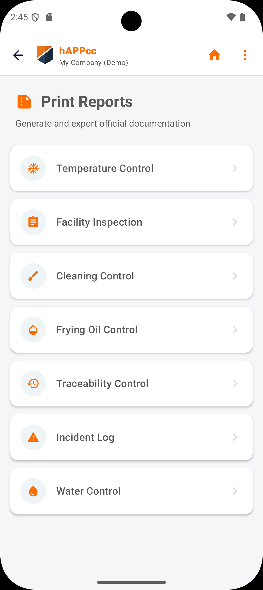 Pantalla de impresión de informes APPCC en hAppcc