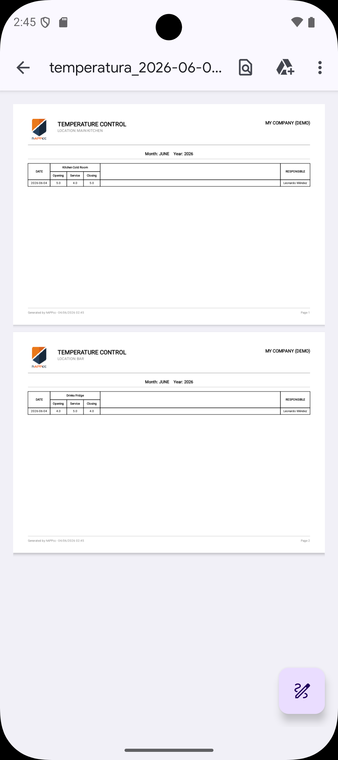 Vista de informe PDF generado desde hAppcc